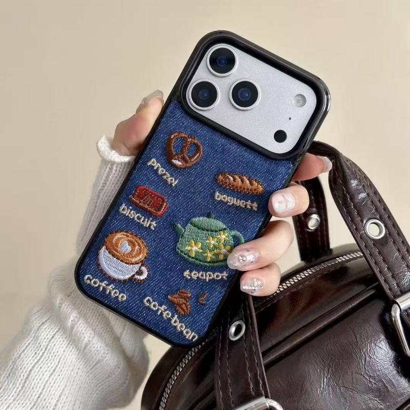 Retro Denim Embrpoidery Bread Toast Warm Fabric Phone Case For iPhone 17 Air 16 15 14 13 Pro Max Lovely Back Cover