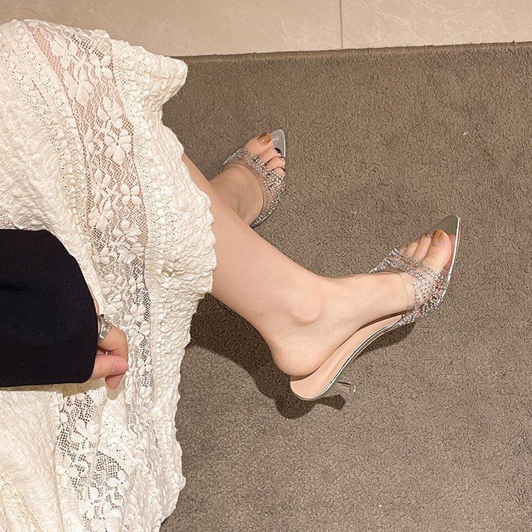 Fashion New Summer Women's High-heeled Sandals Stiletto PVC Rhinestone Slippers Pointed Toe Open Toe Slip-on Thin Heels Sandals Slides