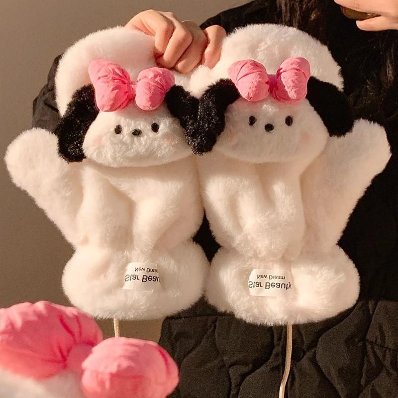 Cute bow puppy plush finger female cold proof plush thickened neck new
