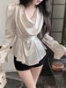 High-End Lace-up Satin Shirt: Autumn/Winter Waist-Cinching, Flowing Collar Design