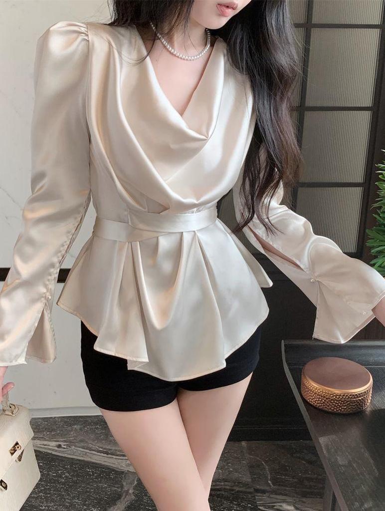 High-End Lace-up Satin Shirt: Autumn/Winter Waist-Cinching, Flowing Collar Design