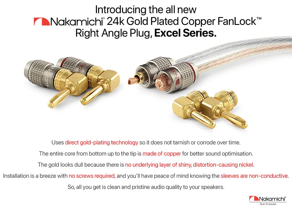 Nakamichi FanLock Excel Series 24k Gold Plated Right Angle Banana Plugs 10 AWG 18 AWG Gauge Size 4mm for Speaker Amplifier Stereo Home Theater Radio