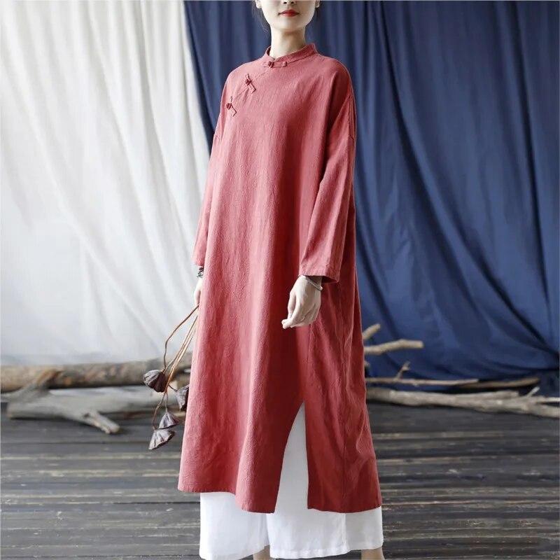 Johnature נשים בסגנון סיני מעמד שמלת שרוולים ארוכים כפתור גלימות אביב צבע אחיד בציר A-line שמלות