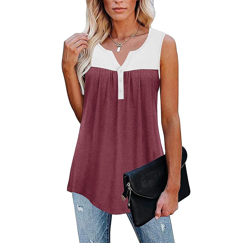 Fashion Womens Summer V-neck Sleeveless Patchwork Tops Ruffle Loose Tunic Blouse