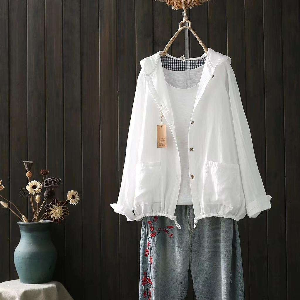 Cotton Yarn Shirts Large Size Tops Women Japan Style Hooded Long Sleeve Shirts and Blouses Loose Hoodies Outwear