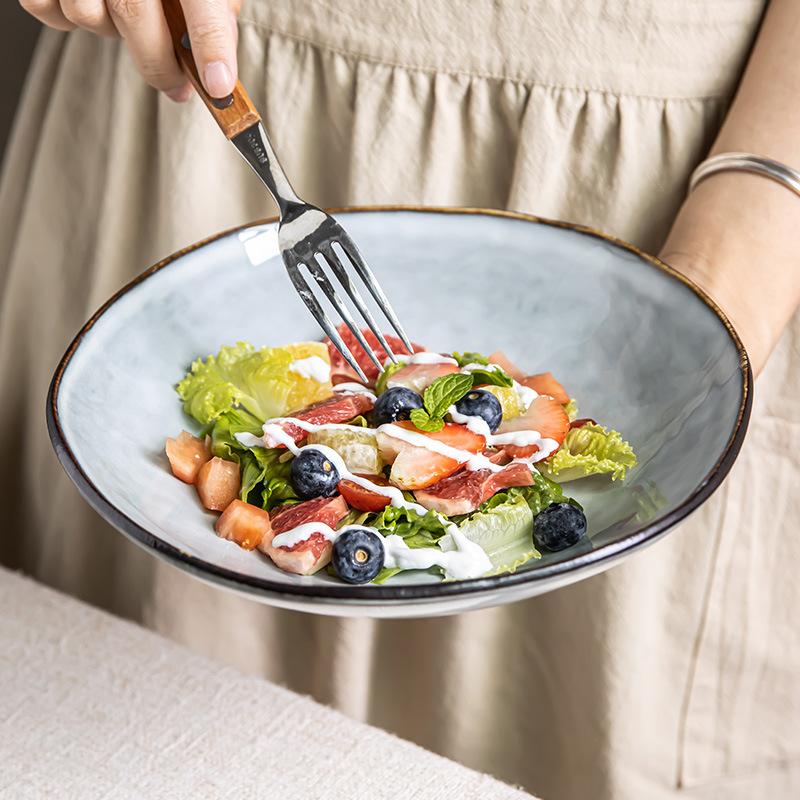 Japanese Stroke Open Bowl Ceramic Tableware Household Salad Bowl Vegetable Bowl Practical Dessert Bowl Pasta Bowl