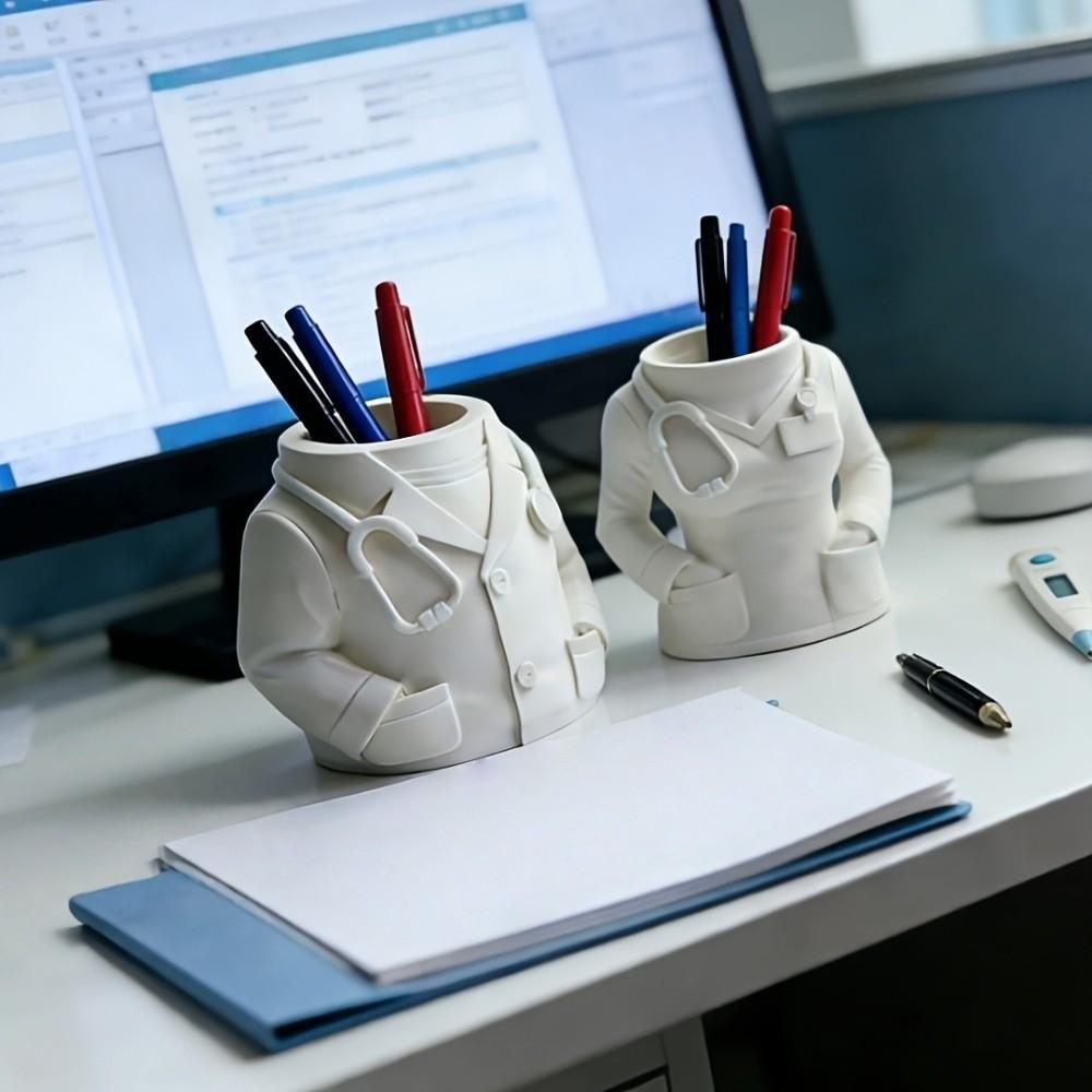 Durable White Coat-Shaped Pen Holder Multifunctional Stationery Organizer Gift for Doctors Nurses