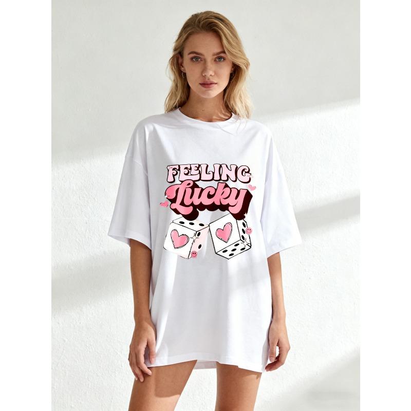 Feeling Lucky Oversized T Shirt Black Pink Dice Heart Print Casual Summer Top For Women Party Outfit