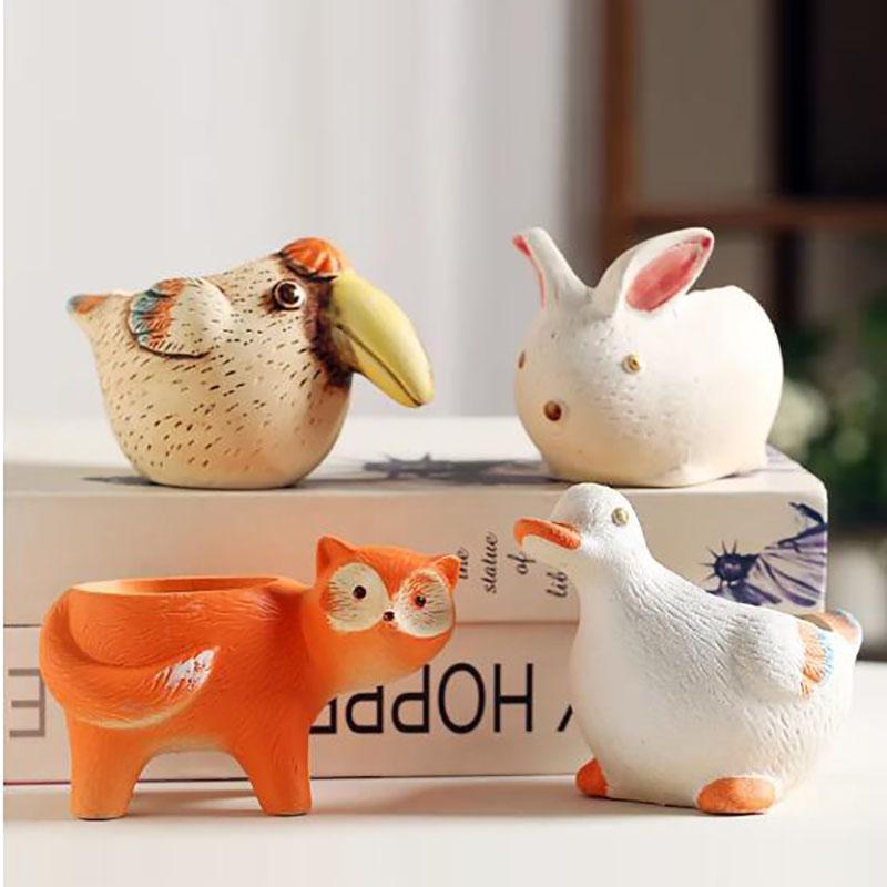 Cartoon Flower Pot Animal Vase Ceramic Rabbit Duck Fox Garden Courtyard Succulent Potted Table Top Small Vase Home Decor Gifts