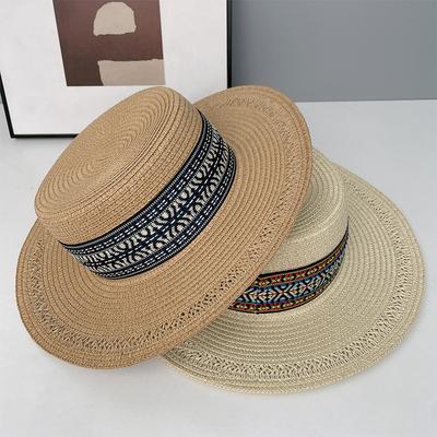 Bohemian Flat Top Straw Hat Children Summer Vacation Beach Sunshade Sun Hat Versatile French Top Hat
