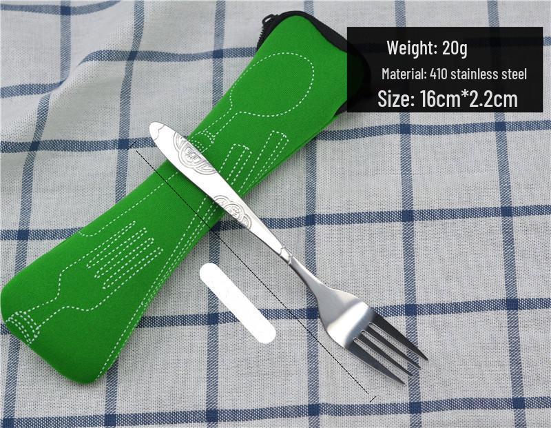 Stainless Steel Outdoor Cutlery Set: Knife, Fork, Spoon, Chopsticks, Straw with Peony Cloth Bag - 7 Pieces