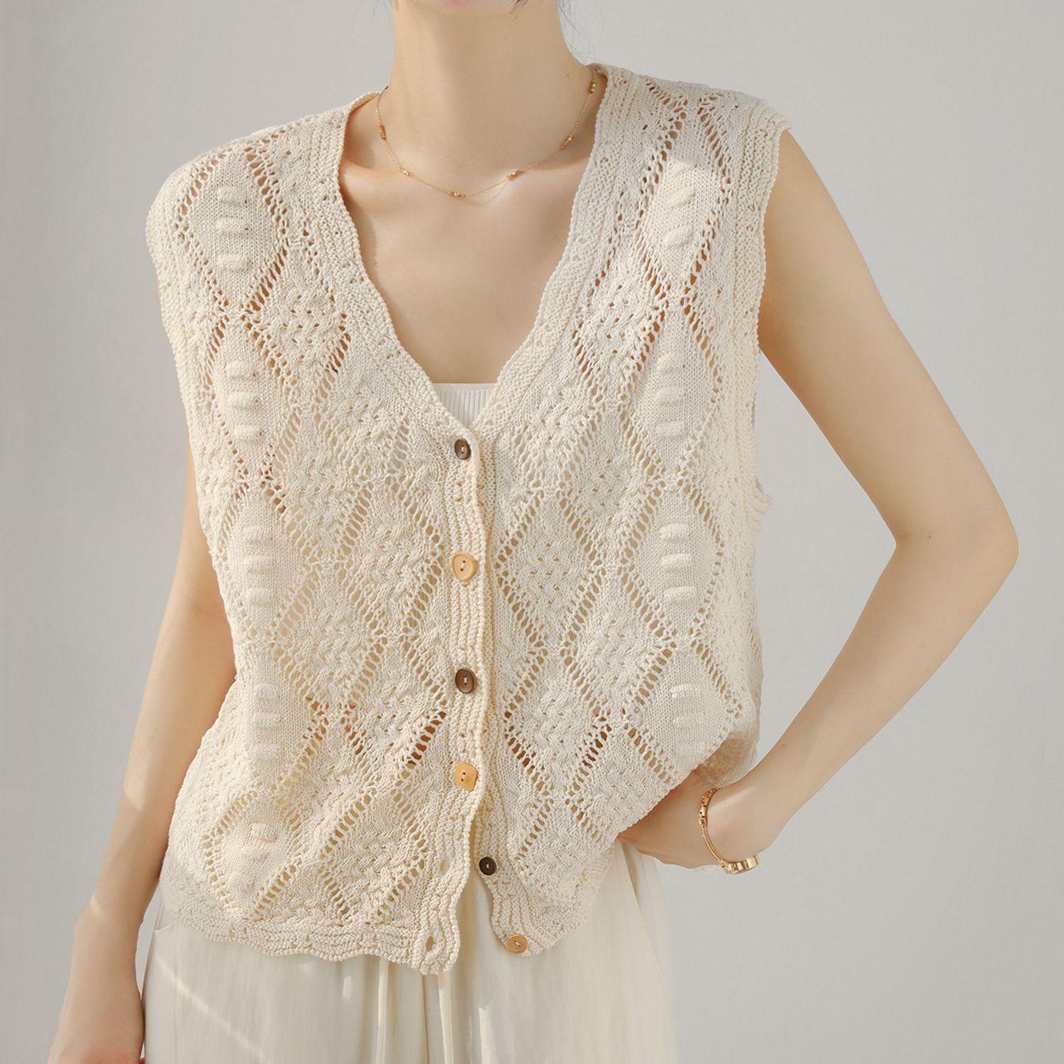 

Вязаный жилет-майка с ромбовидным узором, с вырезами, летний, большого размера, свободный, высококачественный, с V-образным вырезом XL