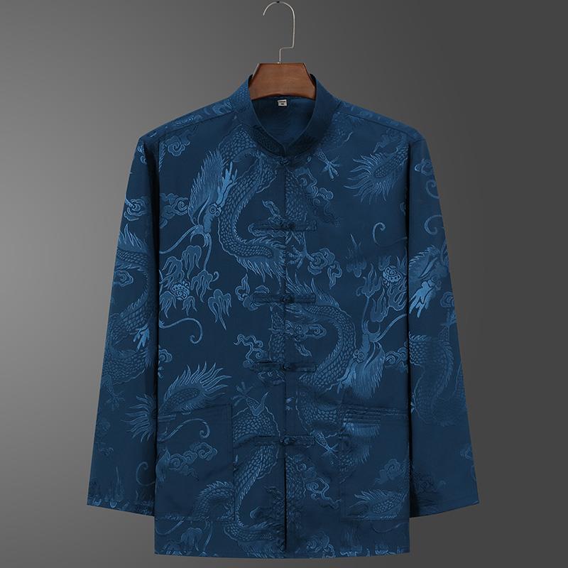 Ice Silk Tang Suit Long-Sleeved Shirt: Men's Chinese-Style Spring/Autumn Dress for Middle-Aged and Elderly