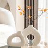 White Ceramic Vase Set of 2 for Home Decor, Round Matte Donut Vases for Pampas Grass, Nordic Style Flower Vases for Living Room Table Office Bedroom