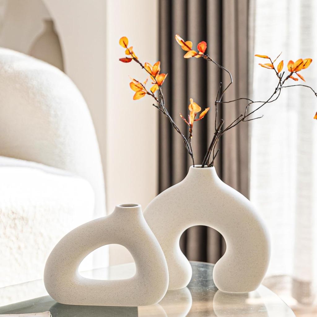 White Ceramic Vase Set of 2 for Home Decor, Round Matte Donut Vases for Pampas Grass, Nordic Style Flower Vases for Living Room Table Office Bedroom