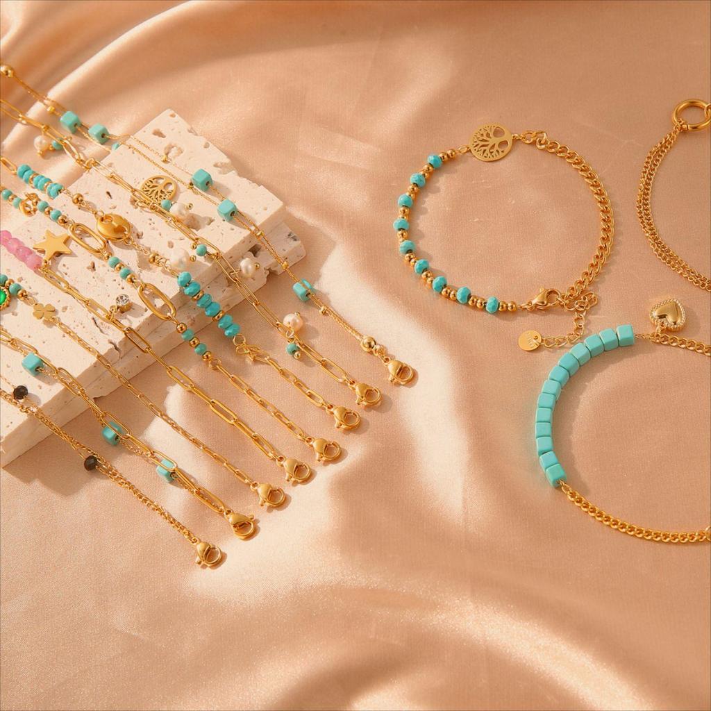 Damen Retro Türkis Titanstahl Perlenarmband - High-End Modeschmuck