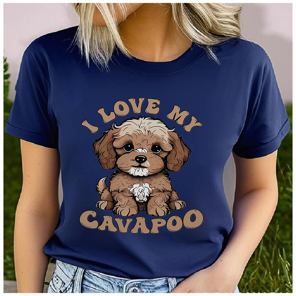 Unisex Polyester Summer Top I LOVE MY CAVAPOO Print Loose round Neck Short Sleeve Fashion for Astrology Lovers