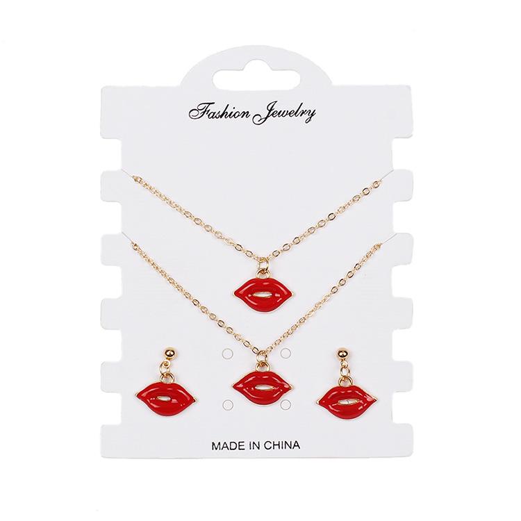 European and American jewelry, bracelet, earrings, necklace set, creative red lip necklace combination set.
