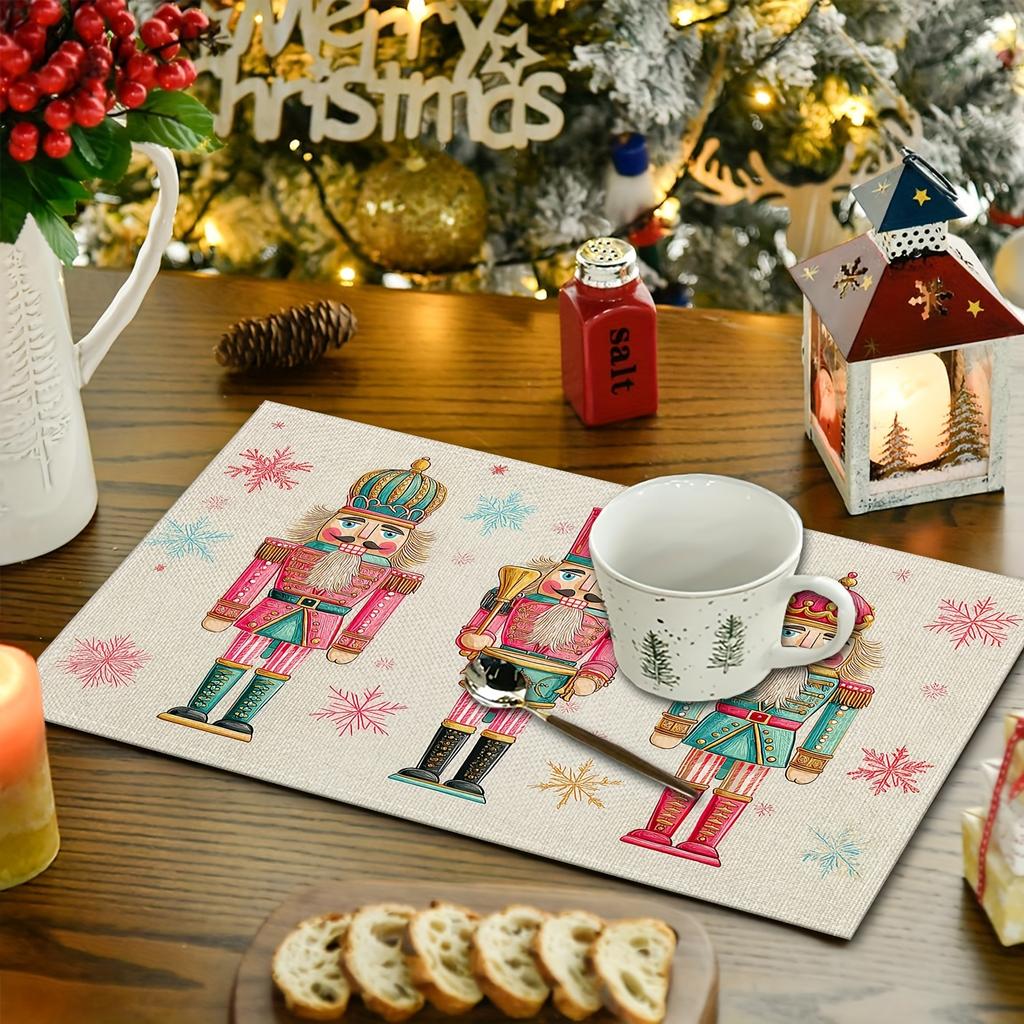 4pcs or 6pcs Nutcracker Placemats Suitable for Christmas Table Decor - Pink Golden Blue Snowflake Linen Table Mats, Hand Wash Only Elegant Rectangular