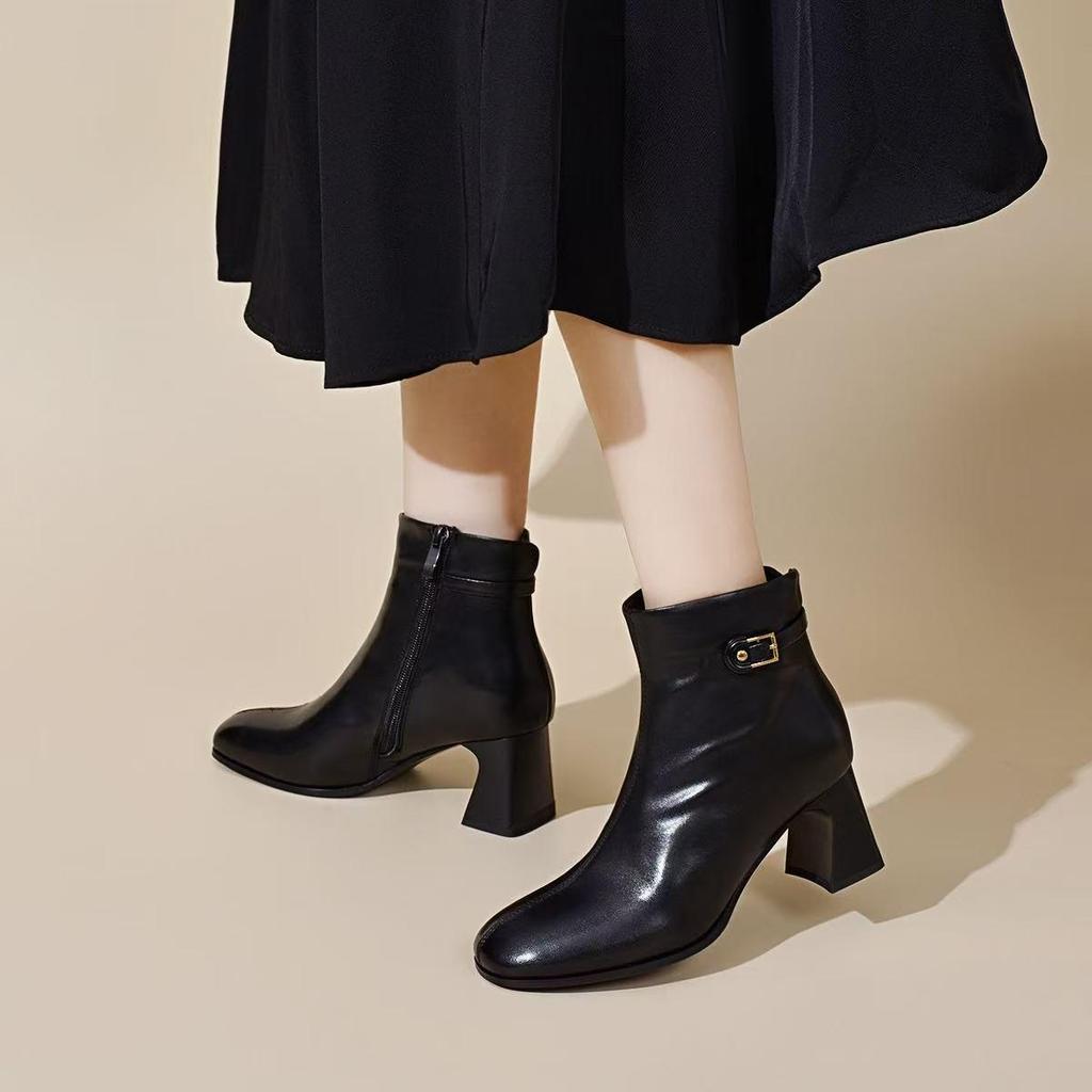 Balerini din piele naturală pentru femei - Piele de oaie, Vârf pătrat, Toc gros, Căptușiți cu pluș pentru iarnă, Piele moale pentru primăvară/toamnă.