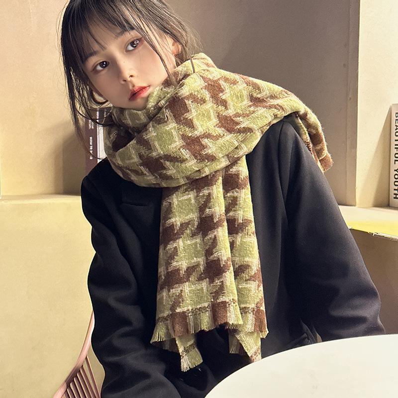 High End New Plaid Scarf Autumn and Winter Warm Shawl Student Retro Versatile Tassel Houndstooth Scarf for Women