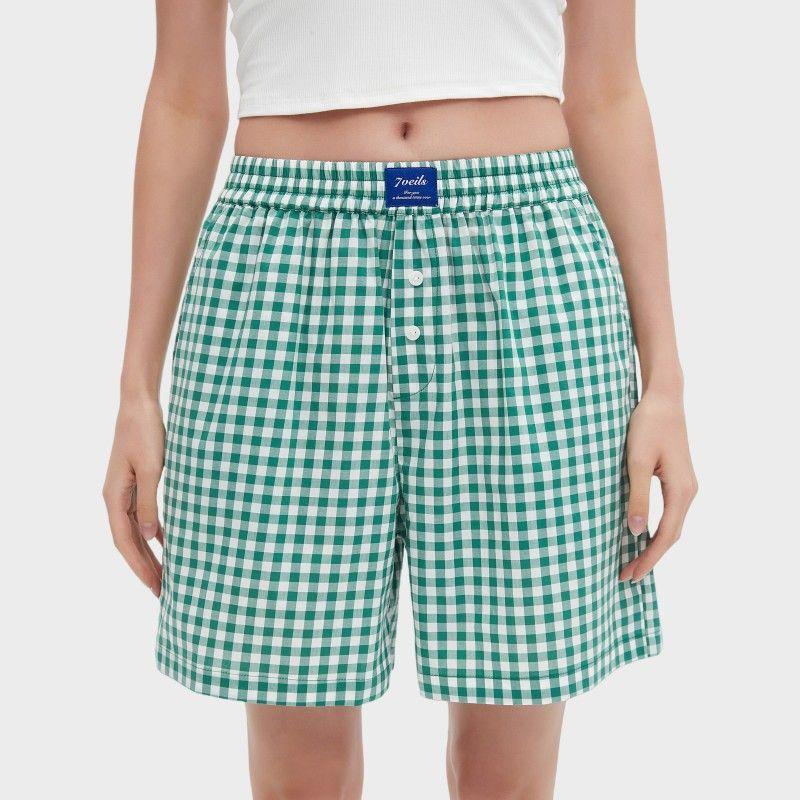 

High Support Pure Cotton Multicolor Plaid Plus Size Thin Shorts Women s Summer Home Pants Fashion Outwear Baggy Pajama Pants Arrow Pants Green grid M