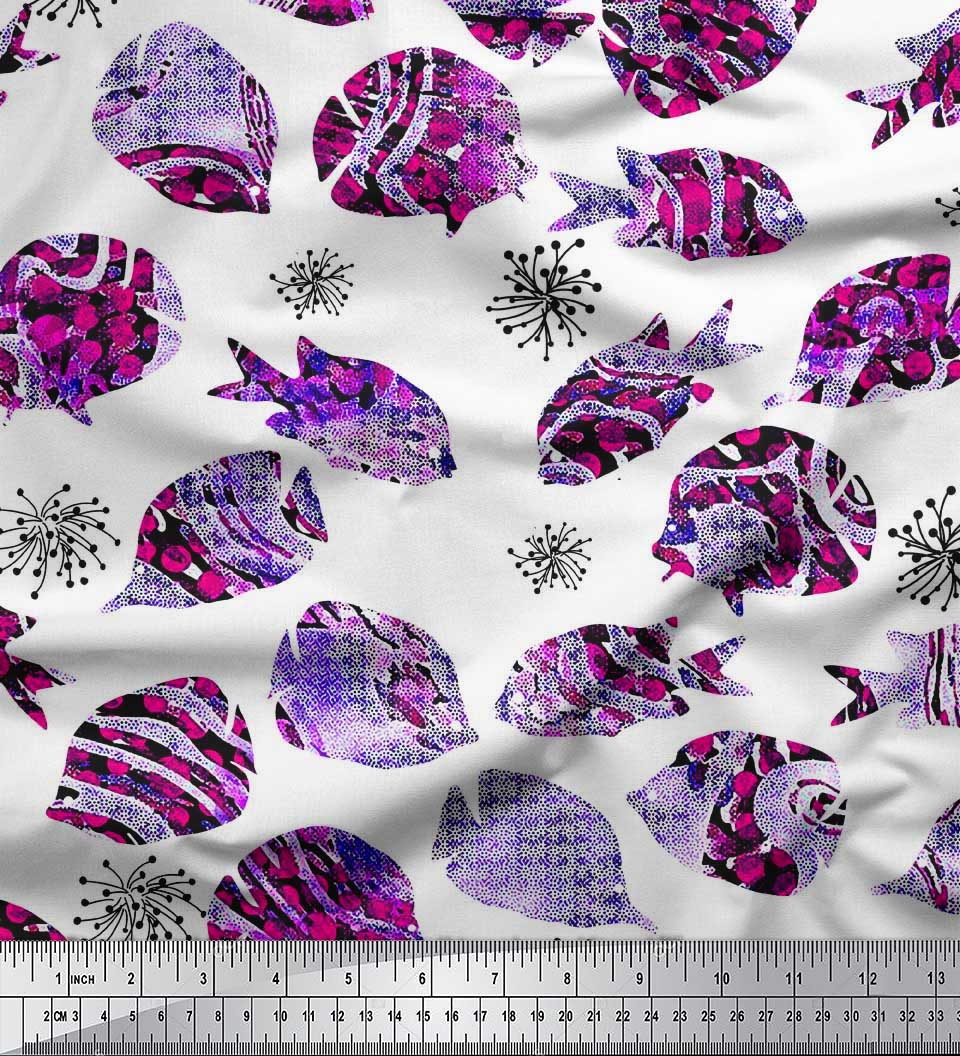 

Тканина для шиття Soimoi Японія креп атлас корал і текстурована риба Океан принт метр 42 дюйма 42 Inch Wide - Poly Crepe білий