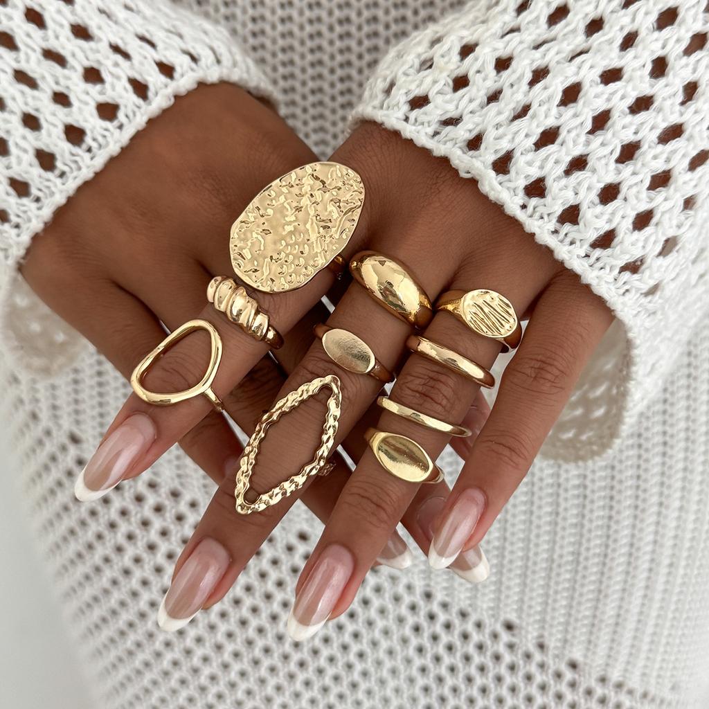 Ins Style Metal Glossy Water Drop Ring Set Fashion Geometric Round Hollow Ring
