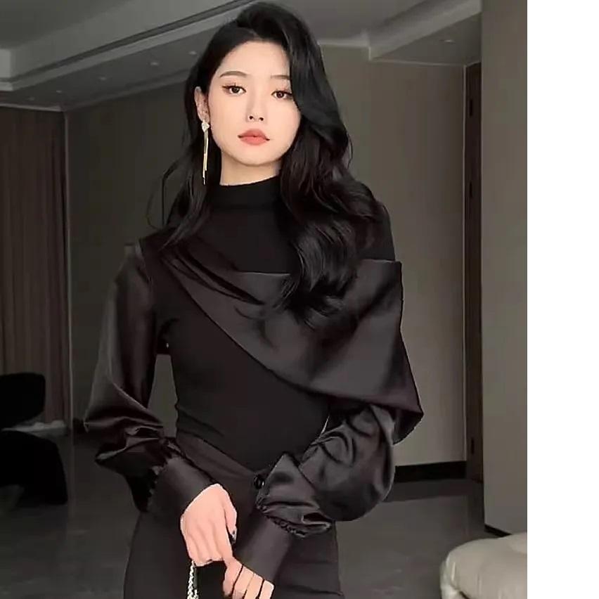 

Французская легкая роскошная модная имитация двухкомпонентной рубашки с высоким воротом и длинными рукавами, женская весенняя блузка в стиле «темперамент» XS чёрный