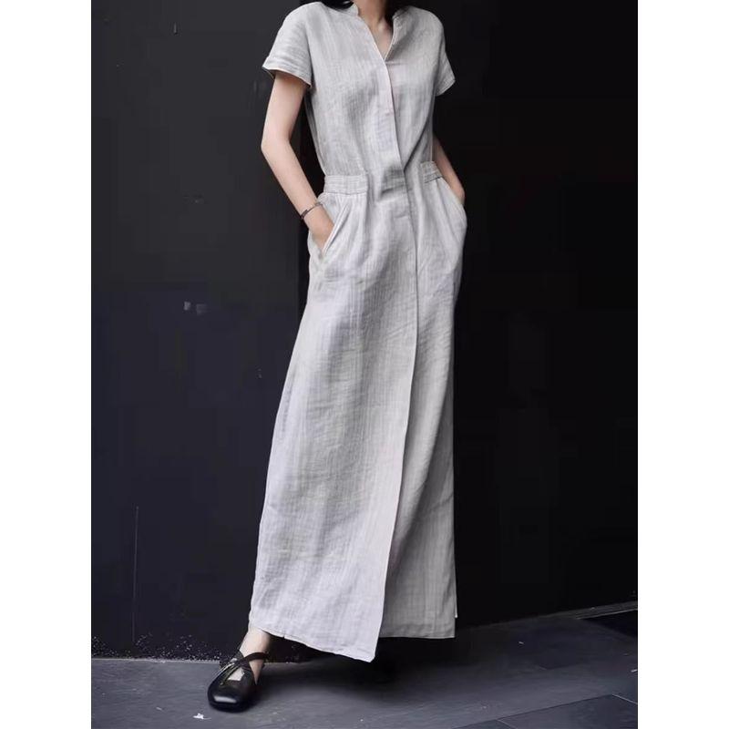 

Pure Shiman Summer Clothing New Short Sleeve Cotton and Linen Shirt Dress Women s Graceful Gray Linen Long Socialite Skirt Fashion Gray S