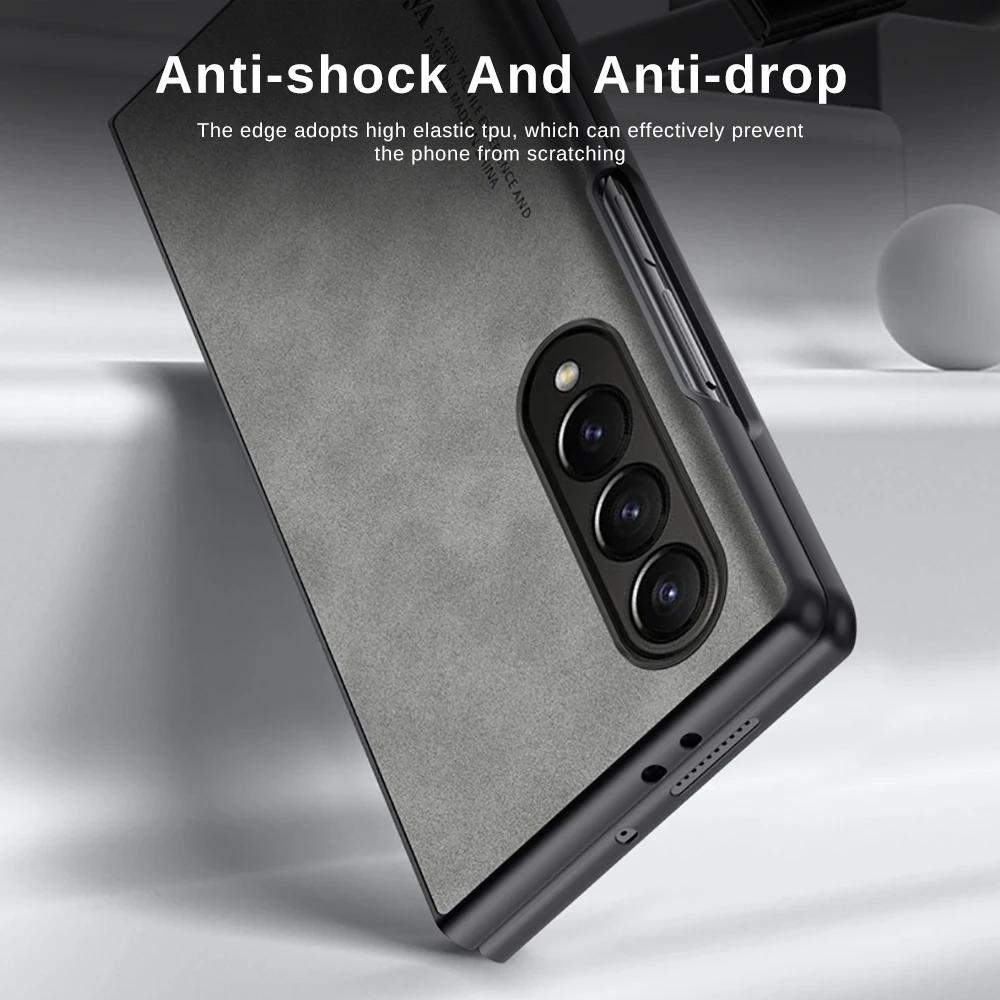 For Samsung Galaxy Zfold4 Zfold6 Zfold Z Fold 5 4 3 Fold5 Fold4 Fold3 5G Silicone Shockproof Bumper Sheepskin Leather Case