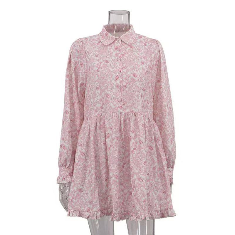 

Модное платье с принтом ветра, с оборками, платье-рубашка с лацканами, платье-рубашка с лацканами в виде листьев лотоса Pink L