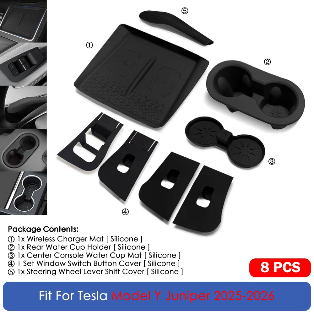 

8Pcs Wireless Charging Silicone Pad For TESLA Model Y Launch 2025 2026 Cup Holder Steering Wheel Lever Shift Cover Accessories
