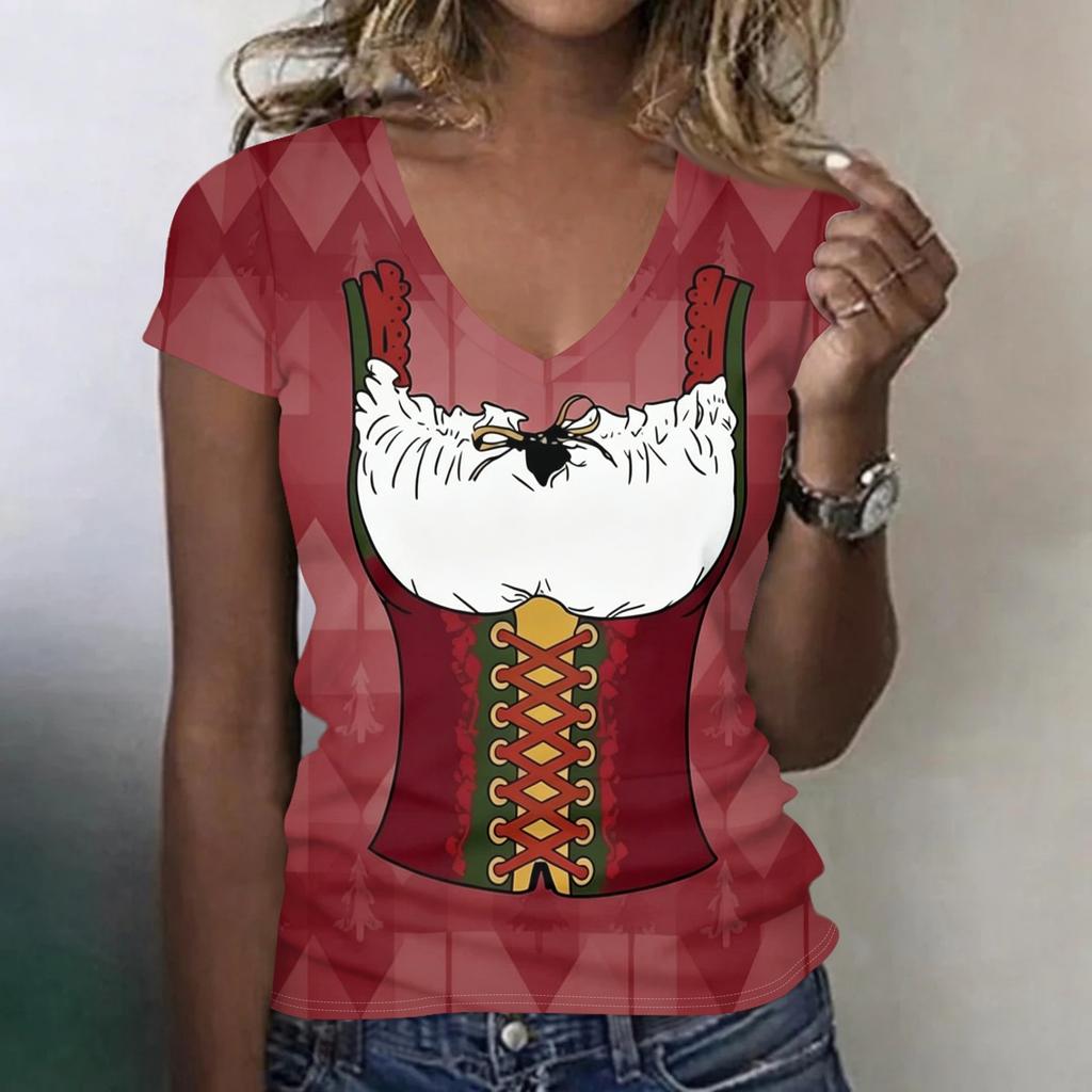 Camiseta casual de manga corta con cuello en V para mujer, top con estampado de Oktoberfest, tejido ligero y suave, ajuste cómodo, camiseta de verano