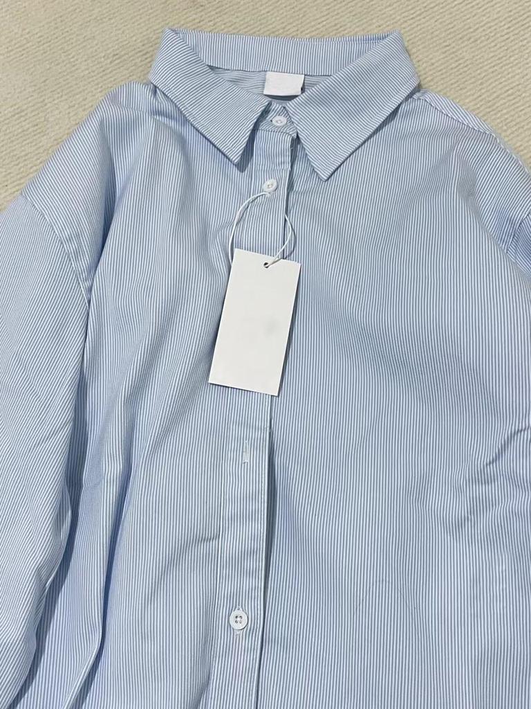 New Autumn Blue Striped Cotton Shirt Jacket - Unisex Hong Kong Style, Loose Casual Fit