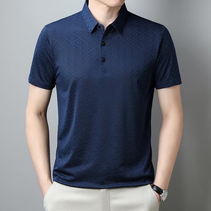Men'S Polo Shirt Short-Sleeved Business High-End Solid Color Clothes Ice Silk T-Shirt Thin Medium Blue