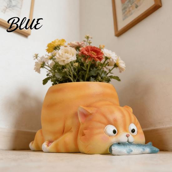 Langlebige Harz-Katzenfigur Pflanzgefäß Fressender Fisch Pflanzgefäß Niedriger Blumentopf mit Drainage Lustiger Kleiner Innenbehälter Corgi für Sukkulenten Pflanzen,