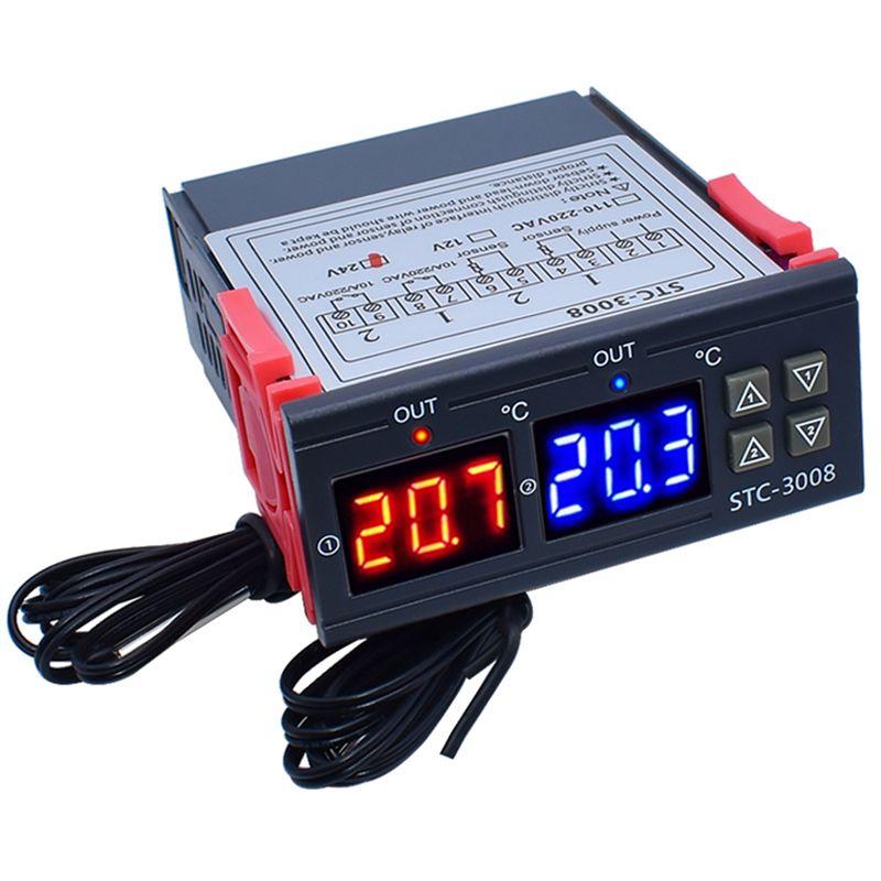 A84E-Dual Digital STC-3008 Temperature Controller Two Relay Output Thermostat Heater With Probe Temperature Controller 24V