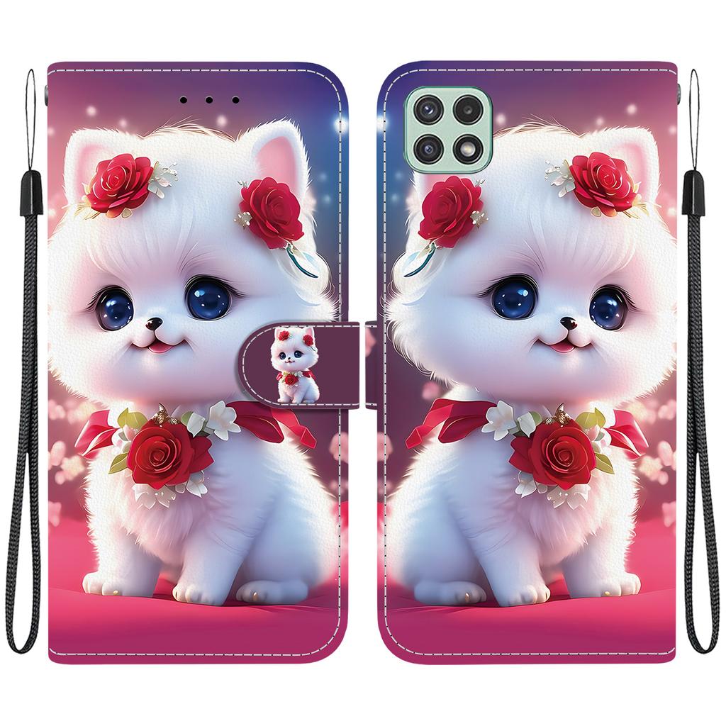 Handmade PU Leather Flip Case for Samsung A22 5G/A22s 5G (SM-A226B/A226L)- Anti-Slip Shockproof Cover with Wrist Strap & Heart/Rose Cat Designs