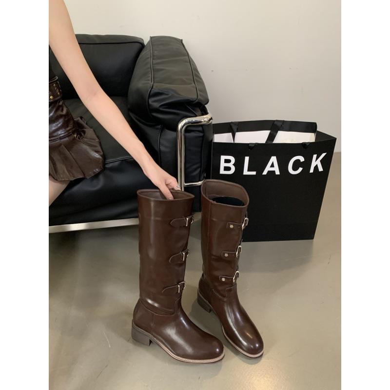 

2025 autumn and winter new fashion versatile thick heel belt buckle high boots square sleeve knight boots women s western 39 коричневий