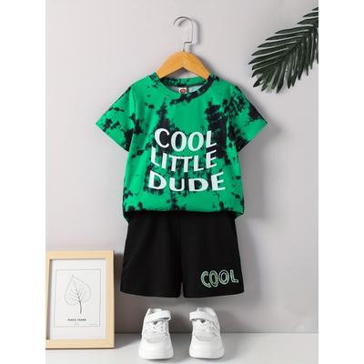 Boy's 2pcs, T-shirt & Shorts Set, COOL LITTLE DUDE Tie Dye Print Short Sleeve Top, Casual Outfits, Kids Clothes For Summer