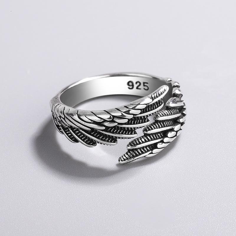 European Retro Aged Feather Wing Ring: Simple Thai Silver Fashion for Women Adjustable Open