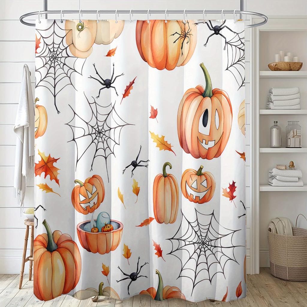 1pc Halloween pumpkin maple leaf spider web print shower curtain   polyester fabric   machine washable   suitable for bathroom