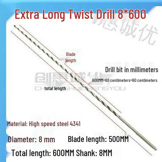 Extra Long 5060 Cm Twist Drill Bit, 500mm High-Speed Steel, Straight Shank for Deep Hole Drilling In Stainless Steel, Wood, 468 Industrial Series.