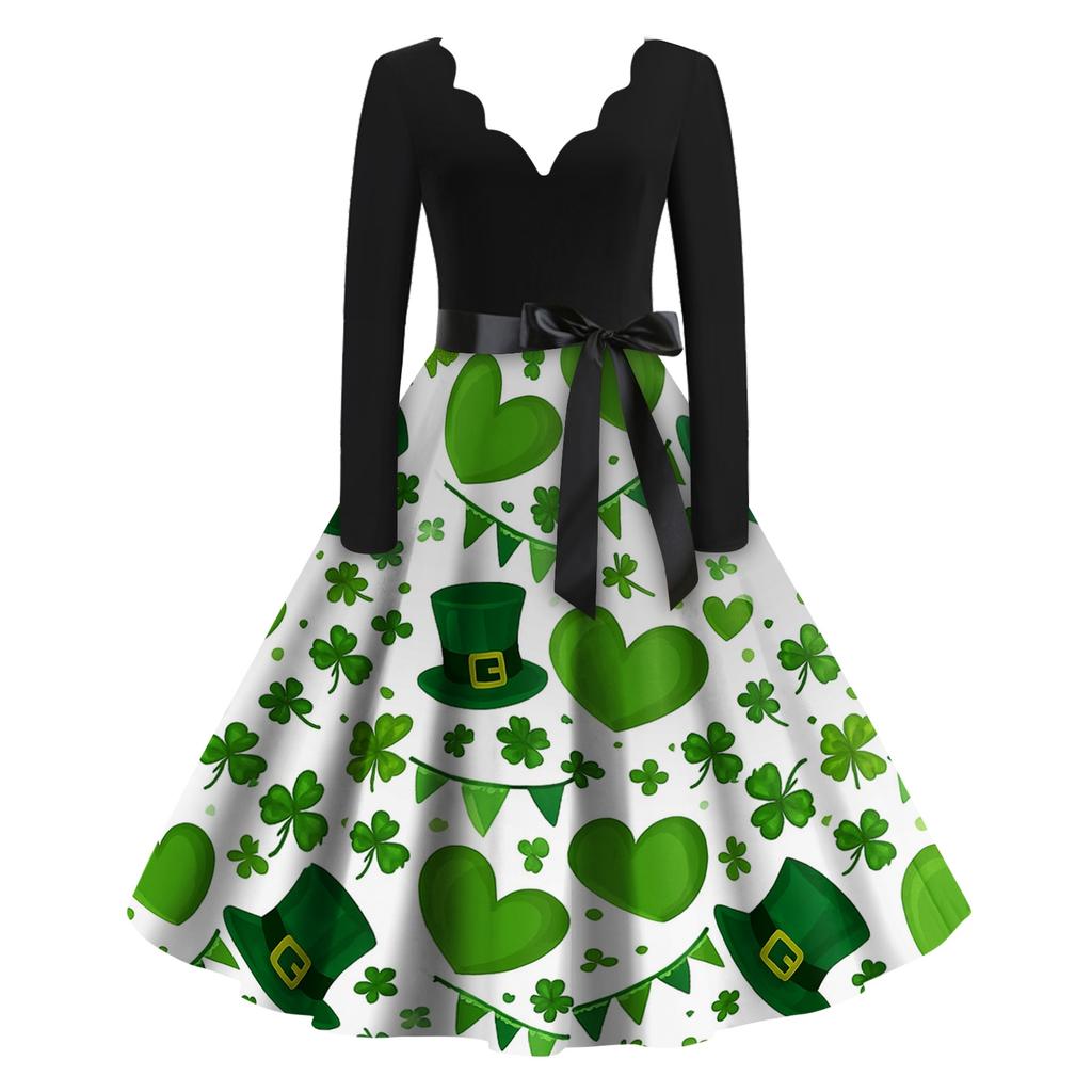 Women's Casual Fashion Printed V-Neck Retro Long-Sleeve Dress