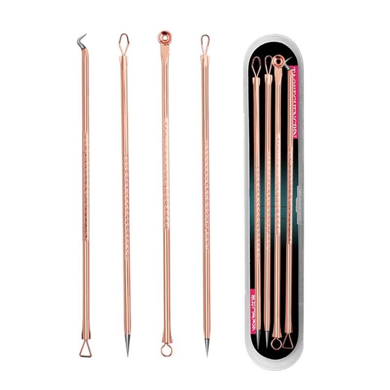 Rose Gold 4 Pcs Plating Double Head Acne Needle Black Head Removal Needle Portable Beauty Tool Set