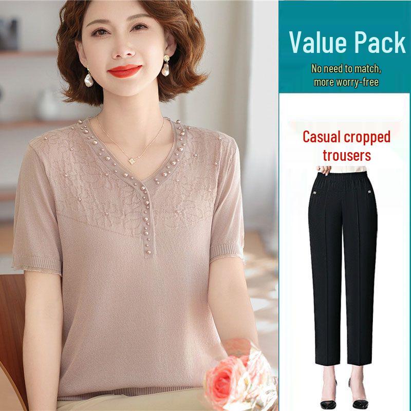 Mom's Summer Ice Silk V-Neck Short-Sleeve T-Shirt for Middle-Aged & Elderly Women - Loose Plus Size Top Set