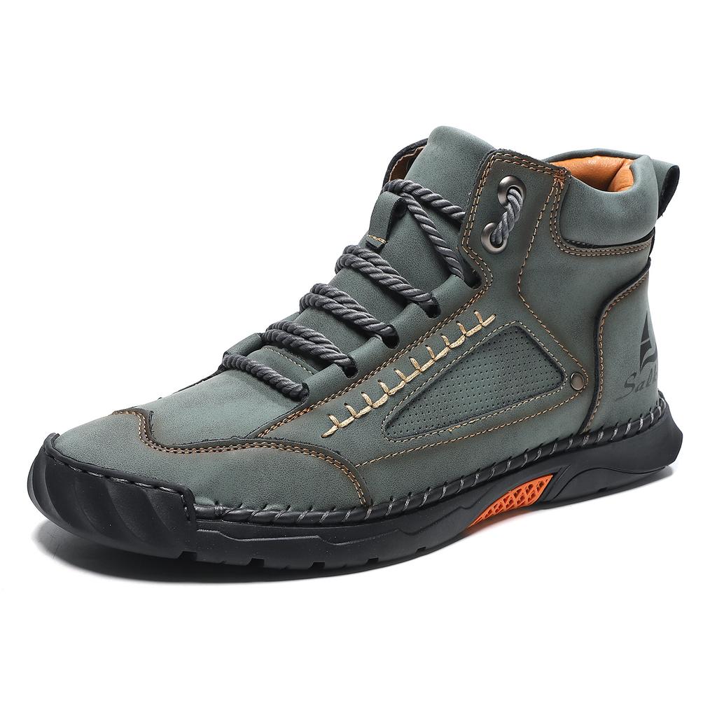 Large-size men's high-top leather boots Hand-stitched ankle boots Flat-soled lace-up casual shoes