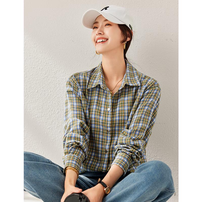 Women's Retro Green Plaid Long Sleeve Shirt