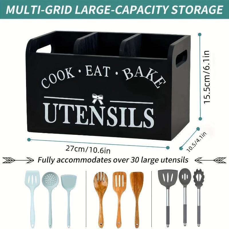 Kitchen Utensil Rack with Three Compartments Rustic Wooden Storage Box Vintage Tableware Farmhouse Dish Cabinet Forks Spoo